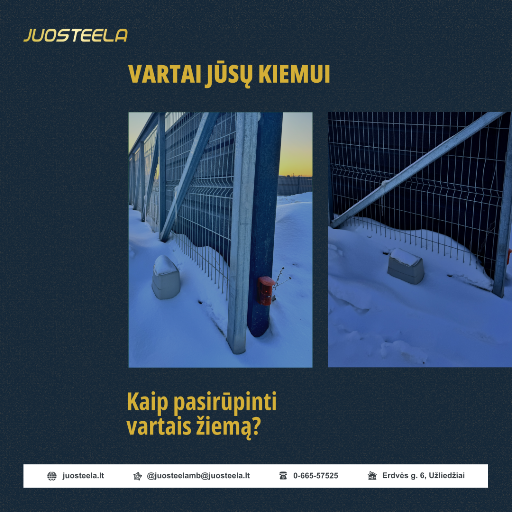 Kaip pasirūpinti vartais žiema.
Koliažas su apsnigtais stumdomais kiemo vartais